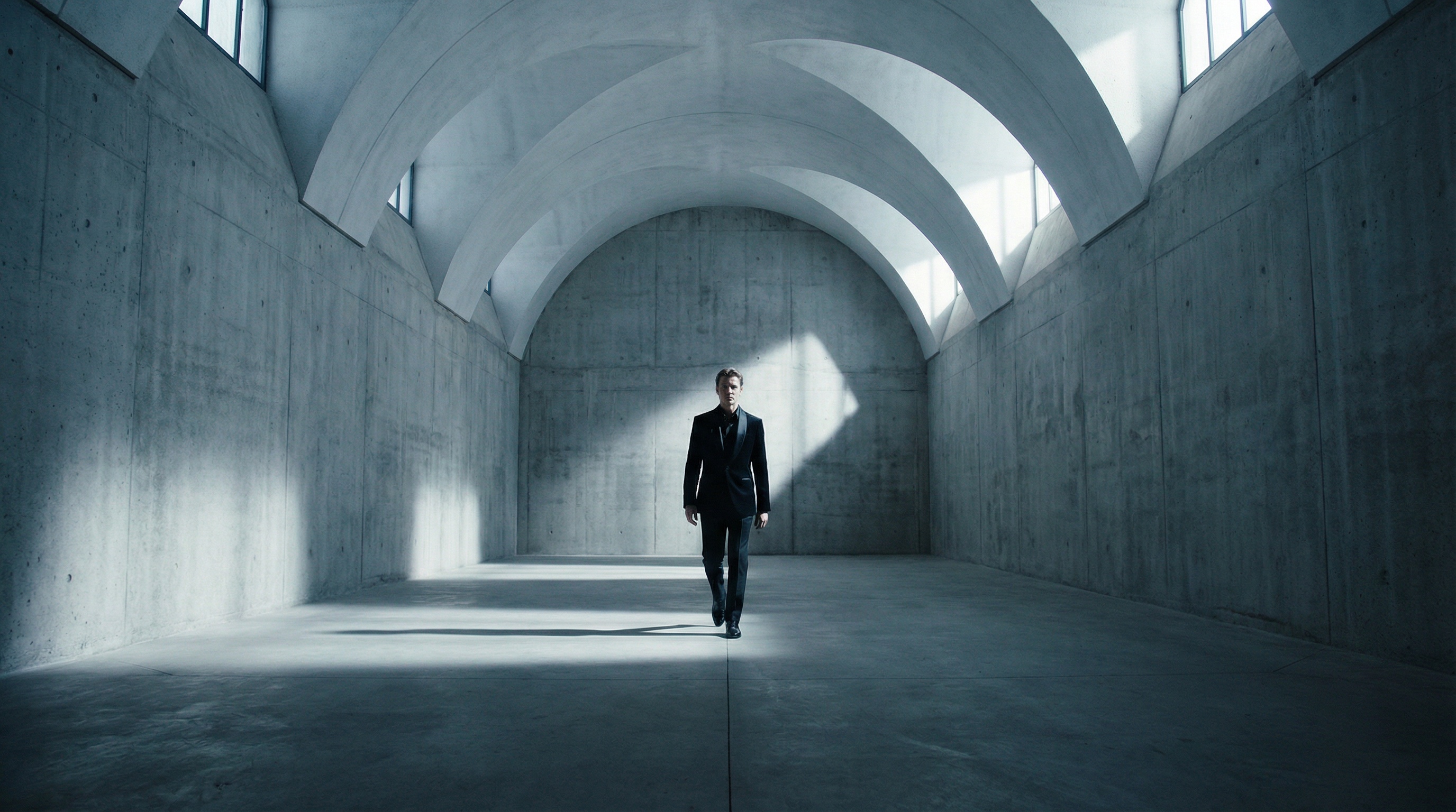 Businessman walking through dramatic concrete architecture with arched ceilings
