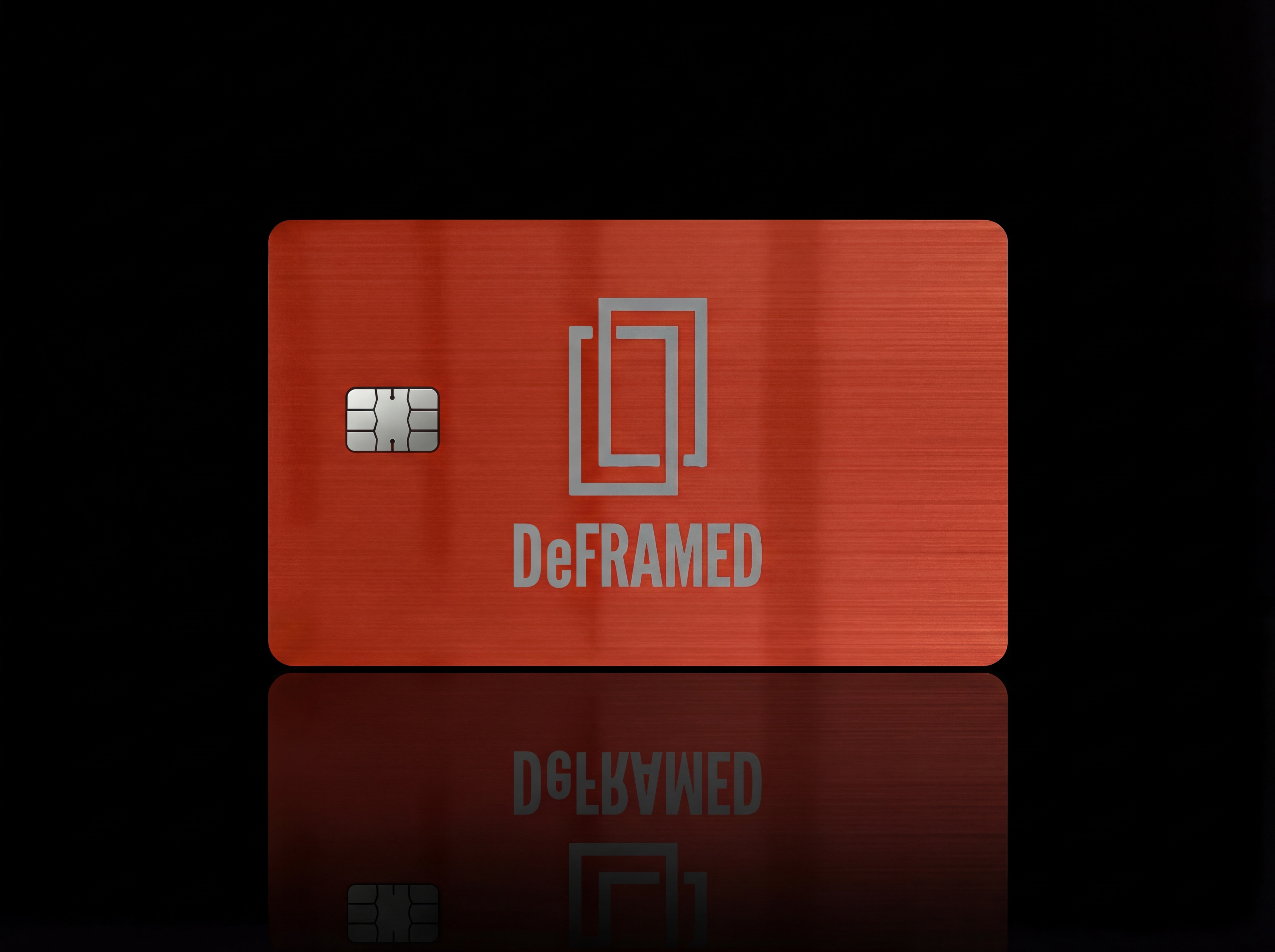 Red brushed metal DeFRAMED card with silver logo